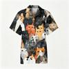Herren Freizeit Hemd Kurzarm Leinen Baumwolle Mischung Button-Down Kragen Leichtes Sommer Top mit Katzenmuster Druck Entspannte Passform