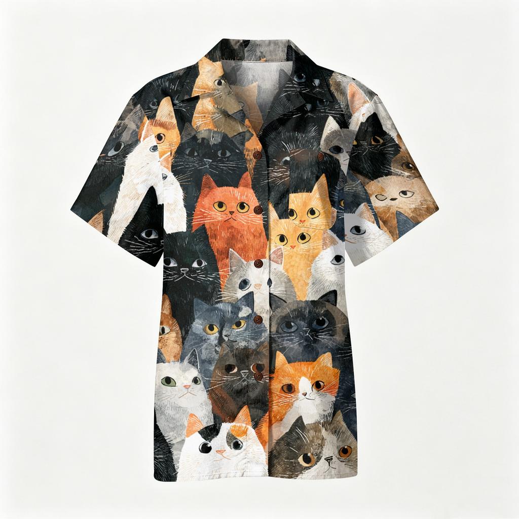 Herren Freizeit Hemd Kurzarm Leinen Baumwolle Mischung Button-Down Kragen Leichtes Sommer Top mit Katzenmuster Druck Entspannte Passform