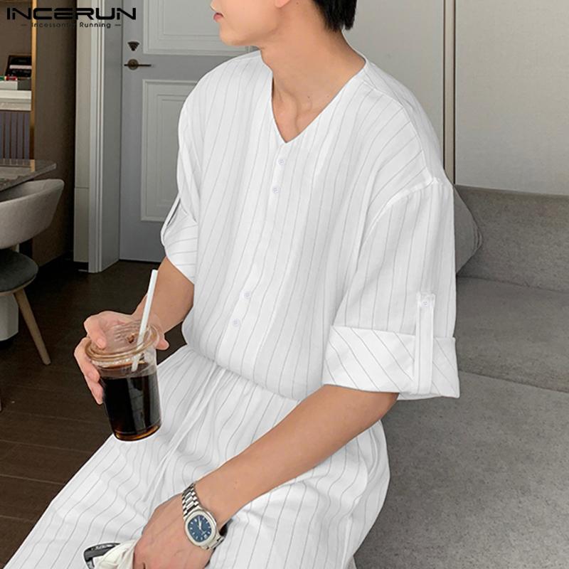 INCERUN 2PCS Men Tie Up Neck Short Sleeve Shirt Long Straight Pants Striped Sets