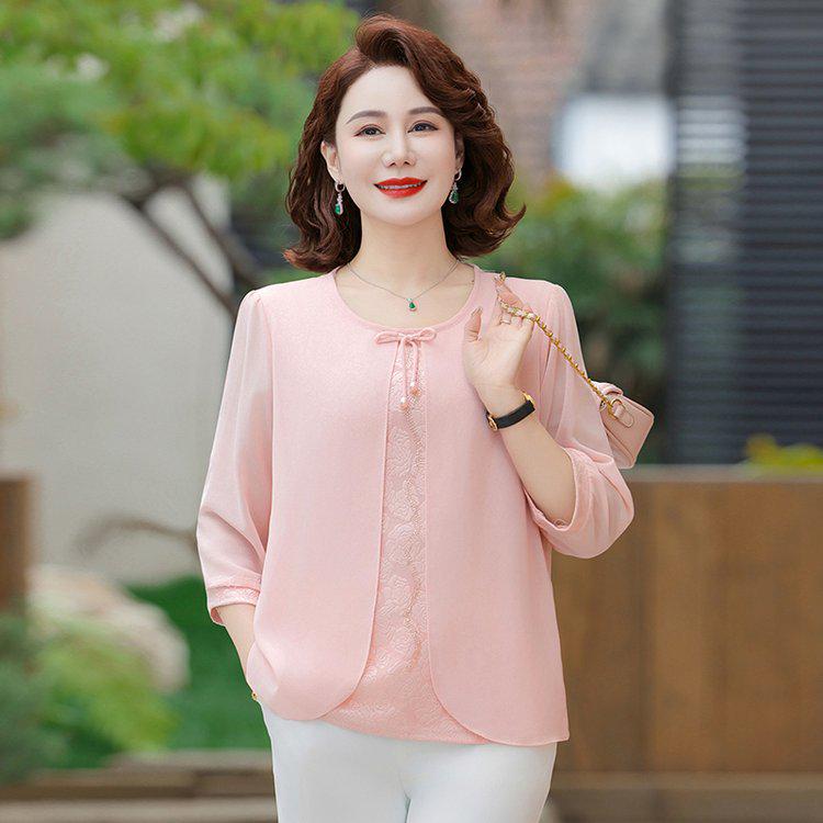 Elegant Chiffon Lace Shirt for Mid-aged & Senior Women, Lightweight, 3/4 Sleeves, Loose Fit, Fashionable