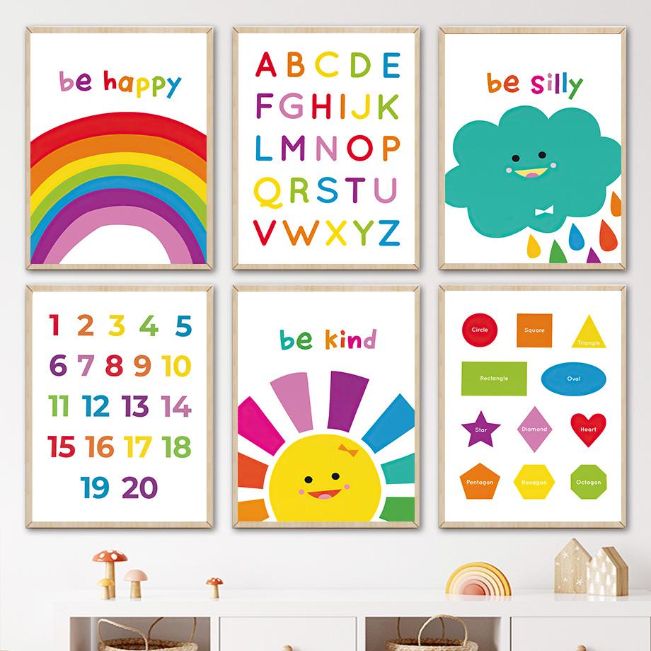 Rainbow Sun Star Cloud Numbers Alphabet Colors Wall Art Canvas Painting Nordic Posters And Prints Wall Pictures Kids Room Decor