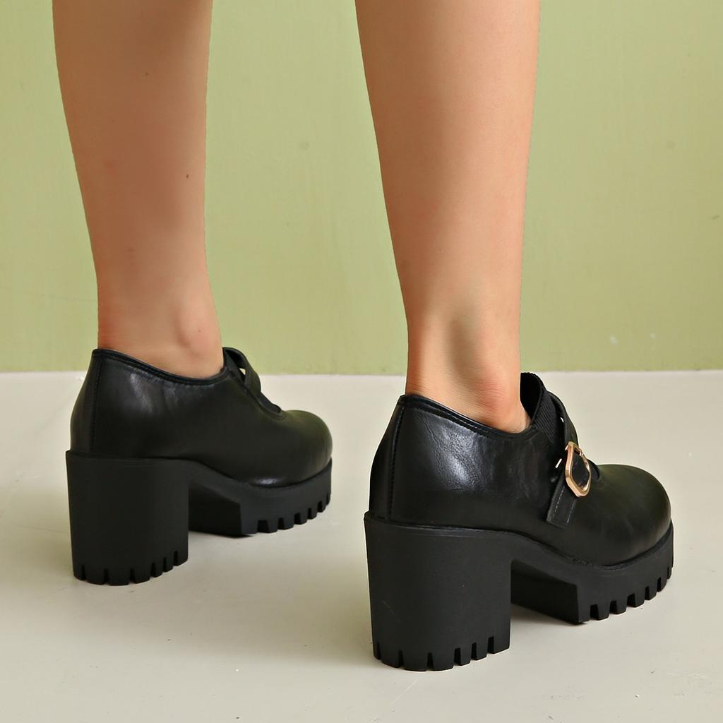 Muffin foreign trade thick heel deep mouth professional single shoes women's autumn large size thick sole British high heel small leather shoes