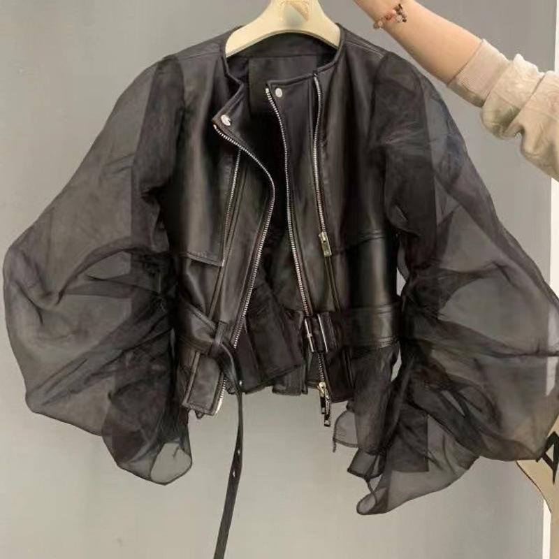 Loose Fit Black Artificial Leather Mesh