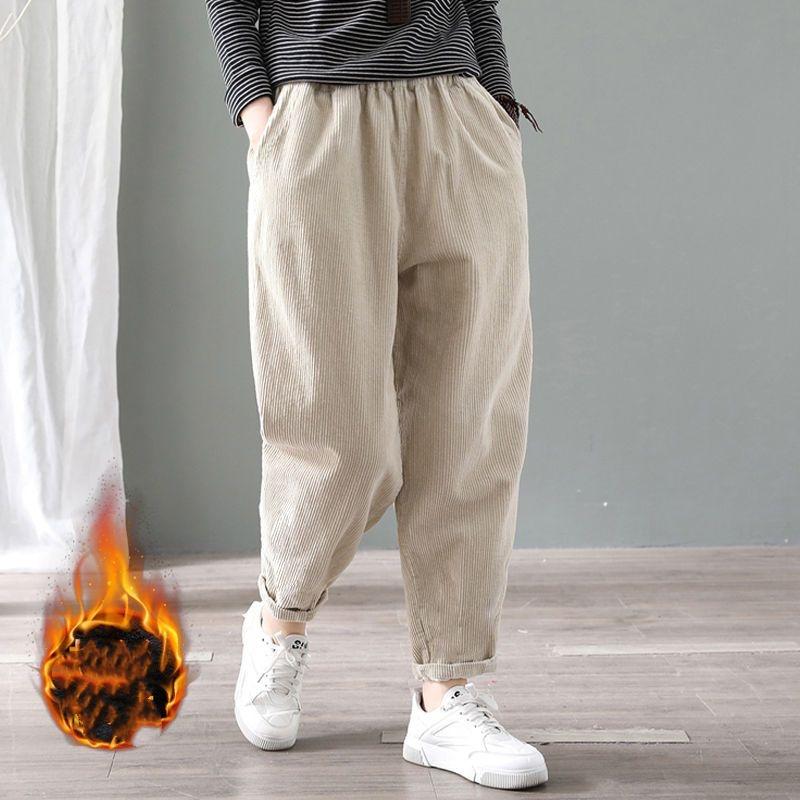 Pantaloni invernali caldi in velluto per donna, pantaloni harem in velluto a coste con elastico in vita, larghi e solidi, tasche oversize, pantaloni da streetwear da donna