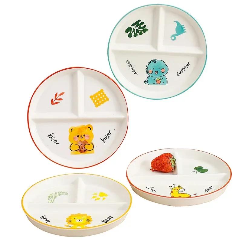 Divider Plate Ceramic Dish Serving Platter Children's Tableware Cartoon Ceramic Grid Plate for One Person Breakfast Plate Bowl