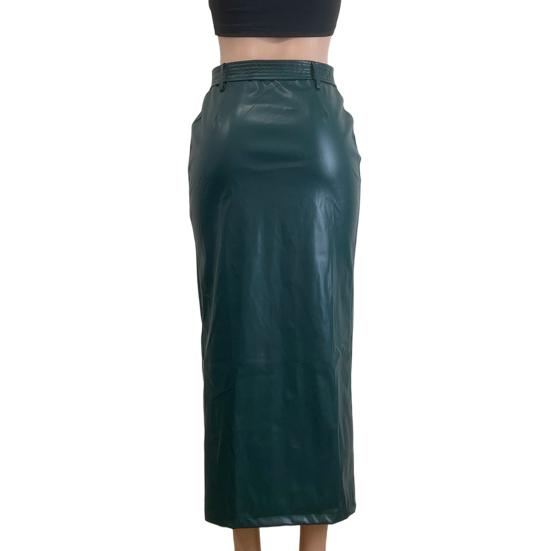 Women Skirt Faux Leather High Waisted Front Slit Hip Wrapped Skirt with Belt Buttons Closure Commuting Street Skirt
