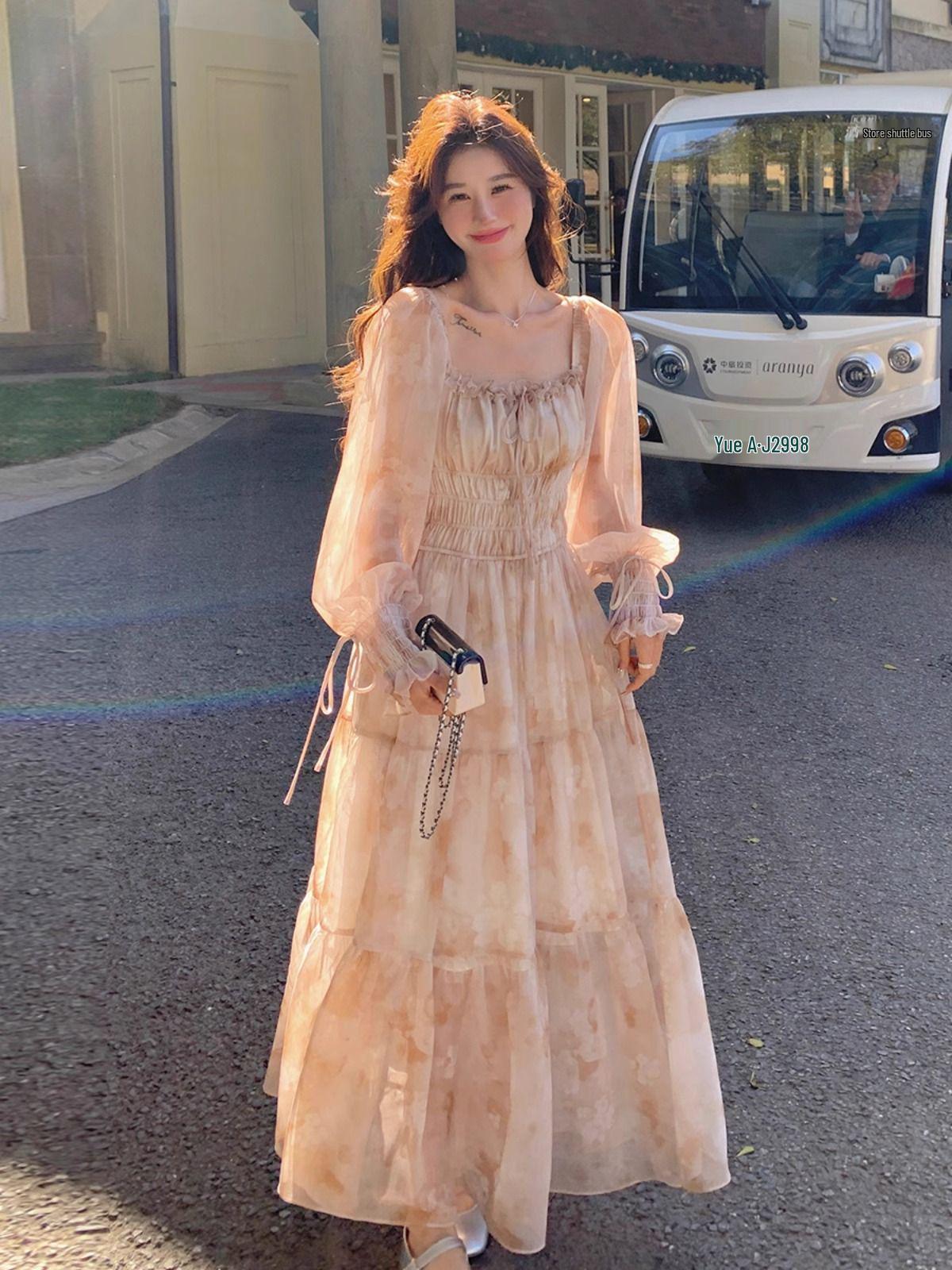 

Женское шифоновое платье с цветочным принтом, квадратным вырезом в французском стиле и рукавами-буфами - Весенне-осенний стиль мори-герл Large