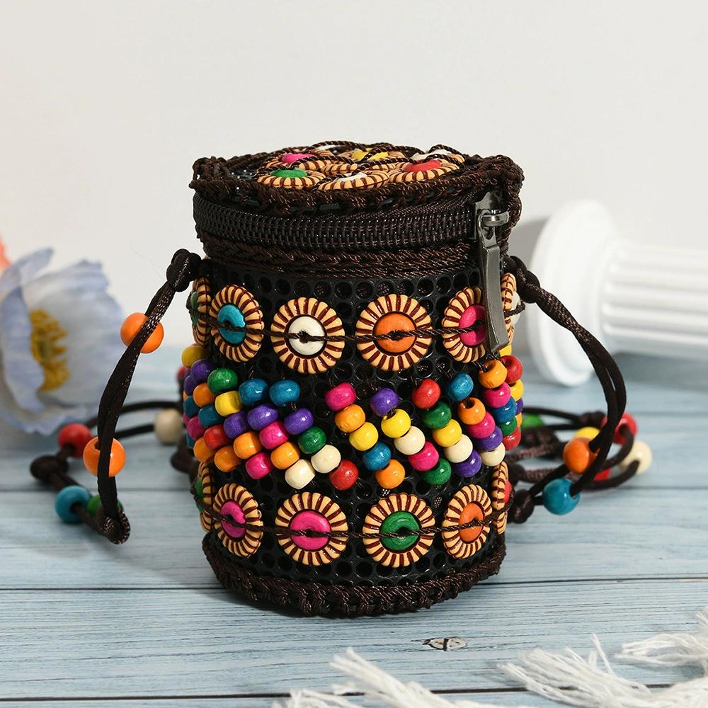 Tragbare Stoff-Umhängetasche im ethnischen Stil, Retro-Kokosnussschale, handgeflochtene Tasche, Vintage-Handtasche, Bohemian-Umhängetasche für Damen