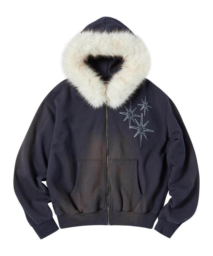 Untitled Seoul Starry Night Washed Fur Hooded Zip-Up Navy