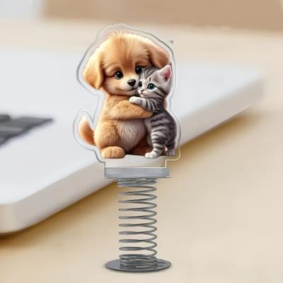 2D Swing Animal Decoration with Spring Acrylic Flat Cartoon Cat Ornament Car Dashboard Decoration Animal for Office Desk Bicycle Handlebar