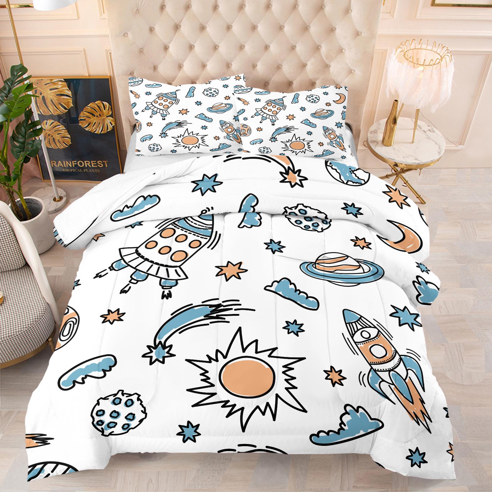 

UFO Rocket Print Bedding Set Cartoon Theme Comforter Set Soft and Comfortable for Children s Bedroom Decoration US-King(90x102inch)