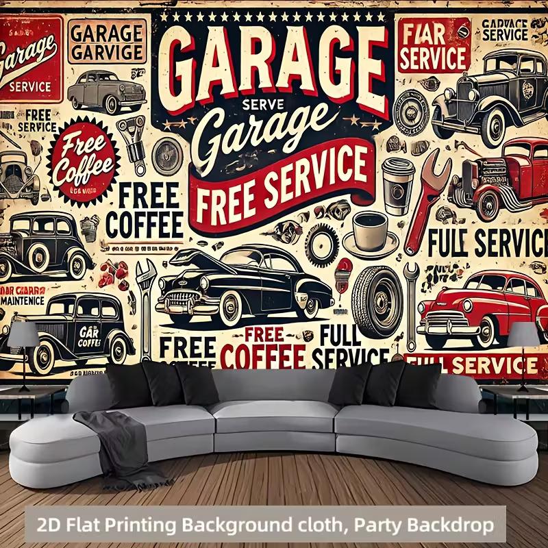 Retro Garage Car Show Tapestry American Auto Repair Wall Art for Home