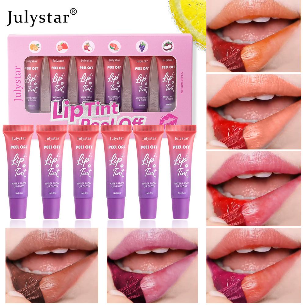 6PCS Julystar Lip Makeup Fruity Tear Lip Glaze Matte Background Waterproof Tear Lipstick