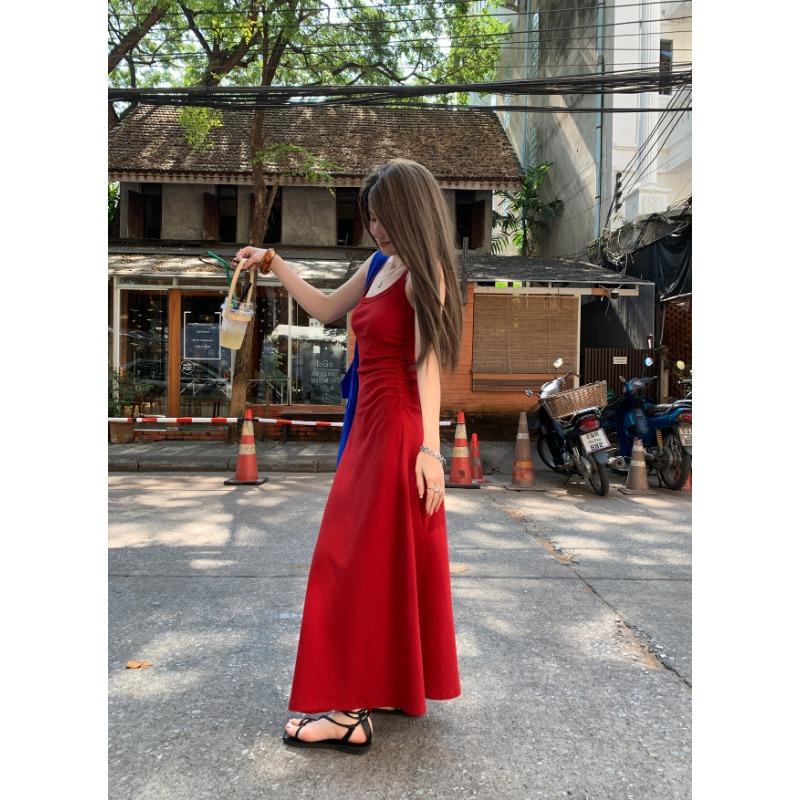 

Женское платье-халтер в стиле ретро, тонкое, с завязками на шее, летнее, с высоким чувством, чистое, длинное платье M красный