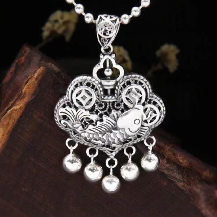 

Women s Lotus Koi Silver Pendant Necklace - Retro Ethnic Charm for Abundance