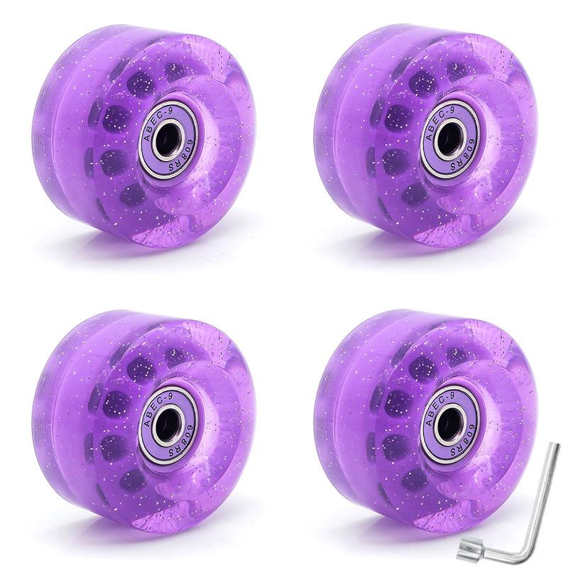 Sequined Pink Double-Row Roller Skates with Transparent Non-Luminous Wheels