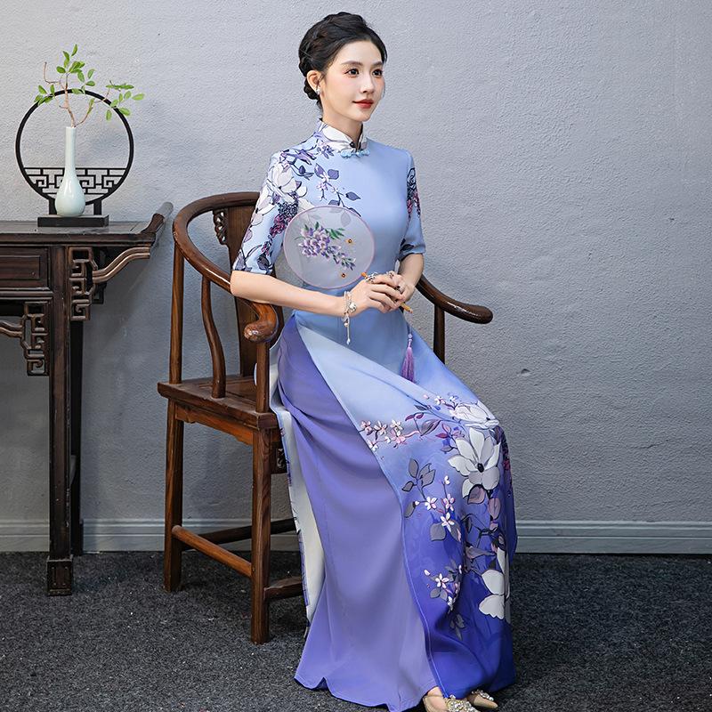 Improved version of Aodai catwalk cheongsam new long season young high-end stage etiquette performance dress