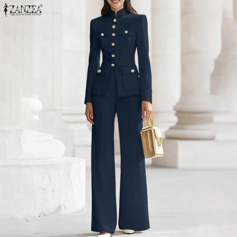 ZANZEA Women Long Sleeve Blouse and Long Pants Casual Two Piece Suit Sets