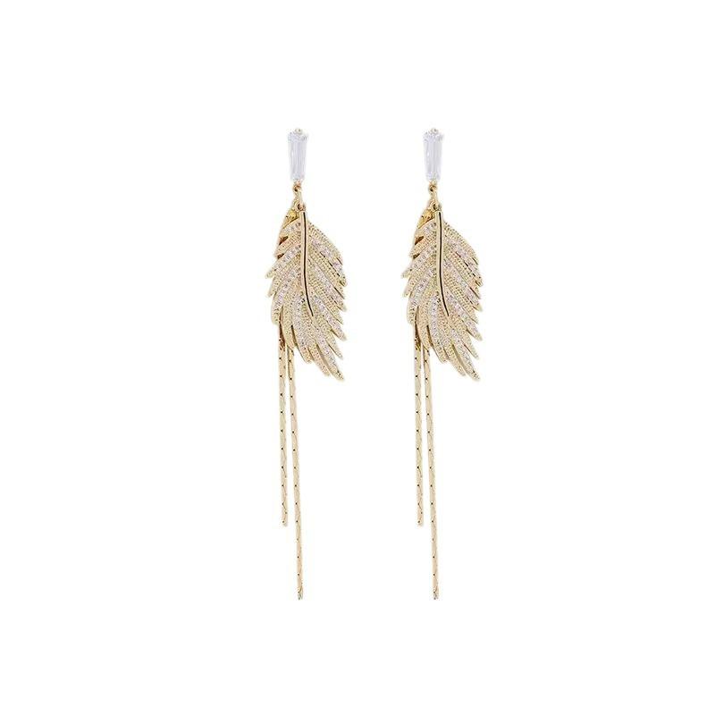 Leaf Feather Fringed Earrings Temperament Show Face Thin Full Diamond Leaf Earrings Light Luxury High Sense