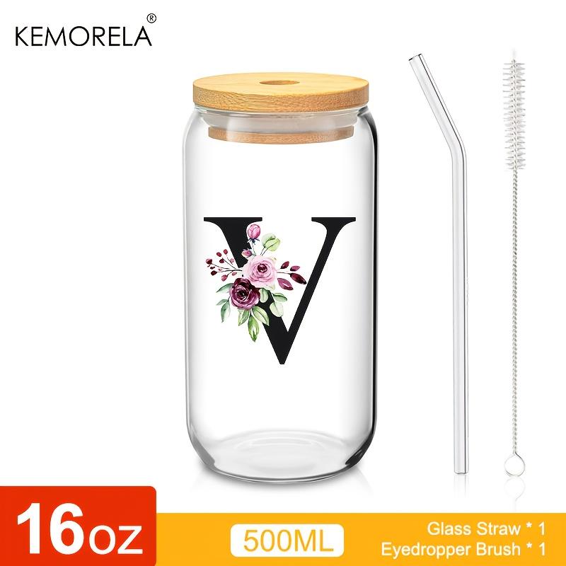 1 STÜCK 24 Buchstaben Glas Trinkbecher mit Bambusdeckel Strohhalm Individuelle Eiskaffeetasse 470ML Klares Mason Jar Bier Smoothie Cocktail