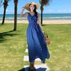 Blue Polka Dot Suspender Dress Women's Summer Seaside Vacation Collar Slim Dress Beach Dress Travel Wear