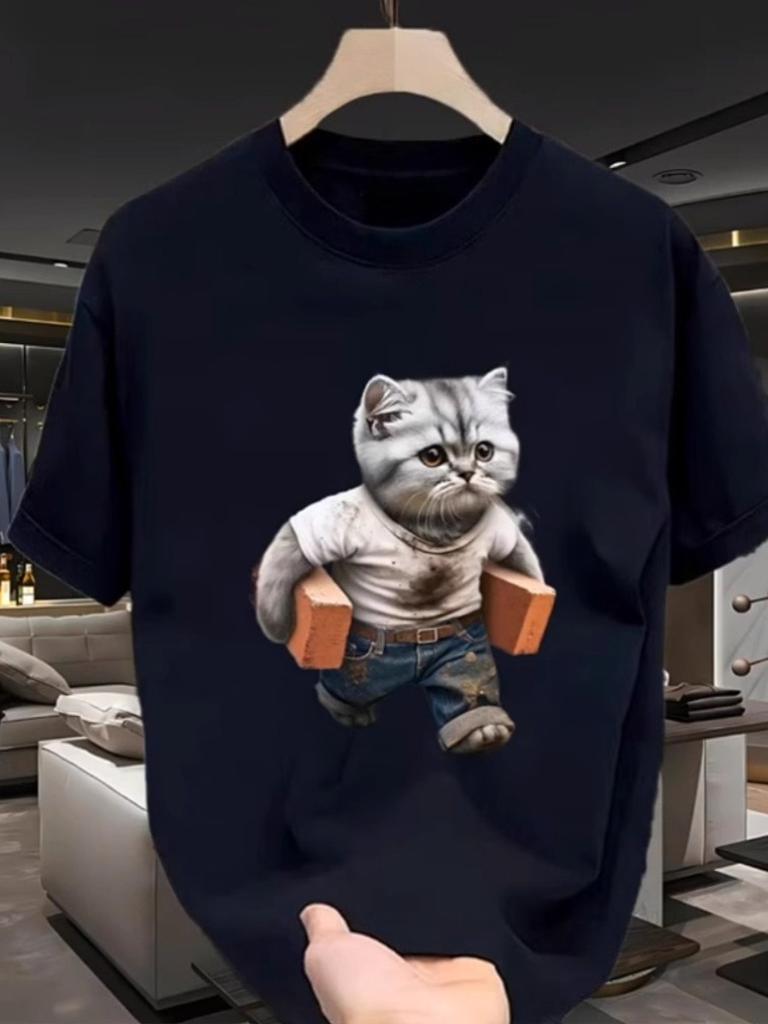 25 New Solid Color Round Neck Short-sleeved T-shirt Men's Summer Cat Print Pure Cotton Couple's Versatile Super Fire Street Top