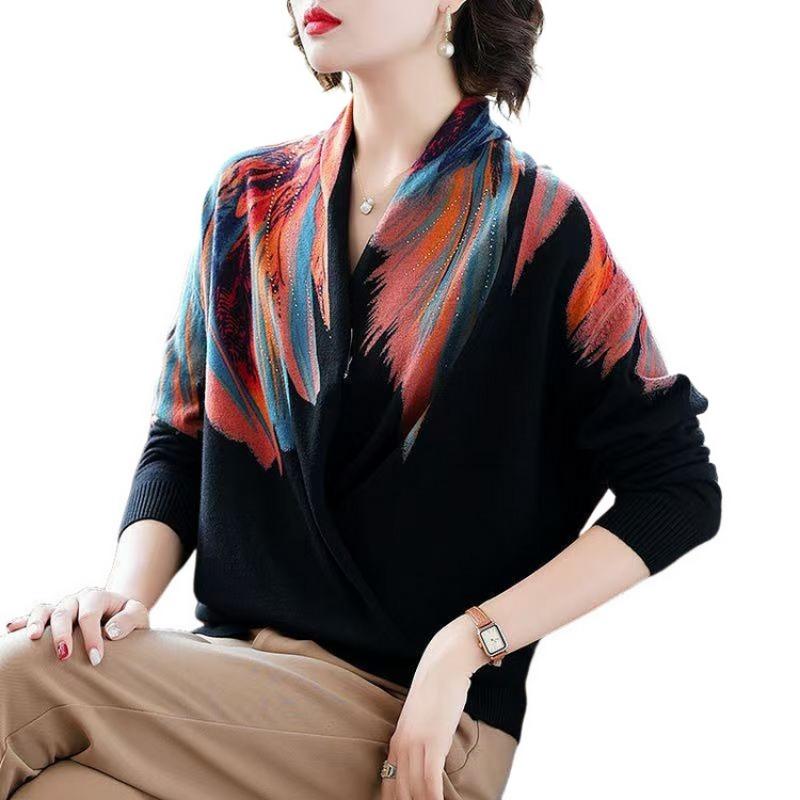 Winter new mother outfit slim festive sweater women's cross-neck knitted sweater printed collar bottoming shirt women