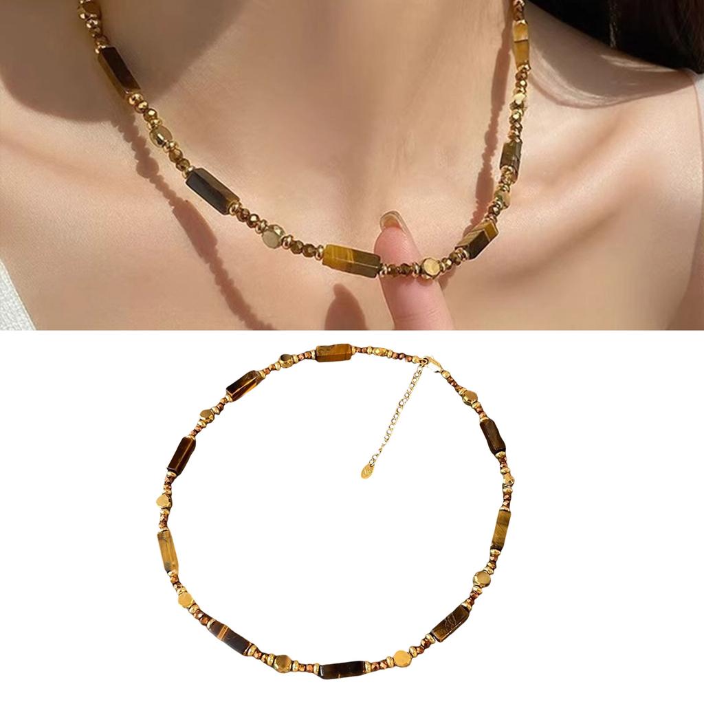 Vintage Natural Tigers Eye Stone Pendant Necklace Choker Adjustable Neckchain for Fashion Enthusiasts and Nature Lovers