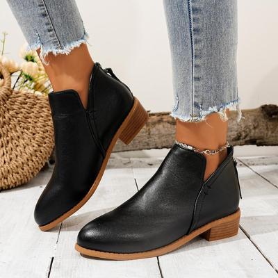 Women's Plus Size British Style Pointed Toe Chunky Heel Boots - Solid Color, Back Zipper, Casual Short Boots for All Seasons