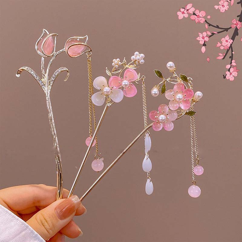 Vintage Chinese Style Pink Flower Hair Sticks For Women Elegant Crystal Tassel Hairpins Hair Buns Hanfu Headwear  Hair Ornaments