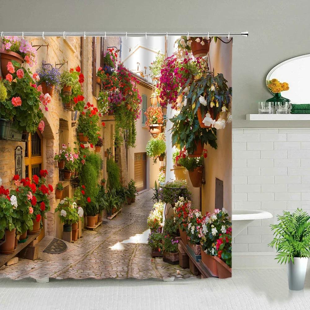 3D Landscape Shower Curtain Garden Wooden Bridge Plant Tree Flower Natural Scenery Bathroom Decor Hanging Wall Fabric Curtain