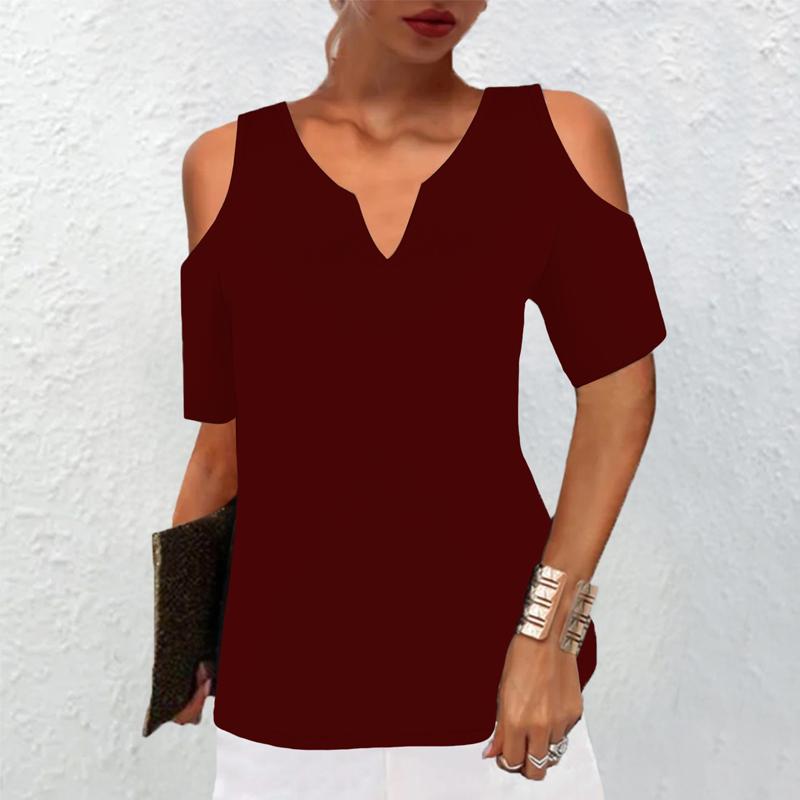 Женская летняя однотонная повседневная свободная блузка с V-образным вырезом и коротким — фото 6