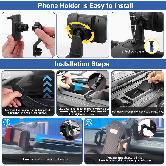 Upgraded Phone Mount For 2018      Jeep Wrangler JL JLU & Gladiator JT, Multi-Mount Phone Holder Dash Tray System Kit With Extension Arm Metal Rod