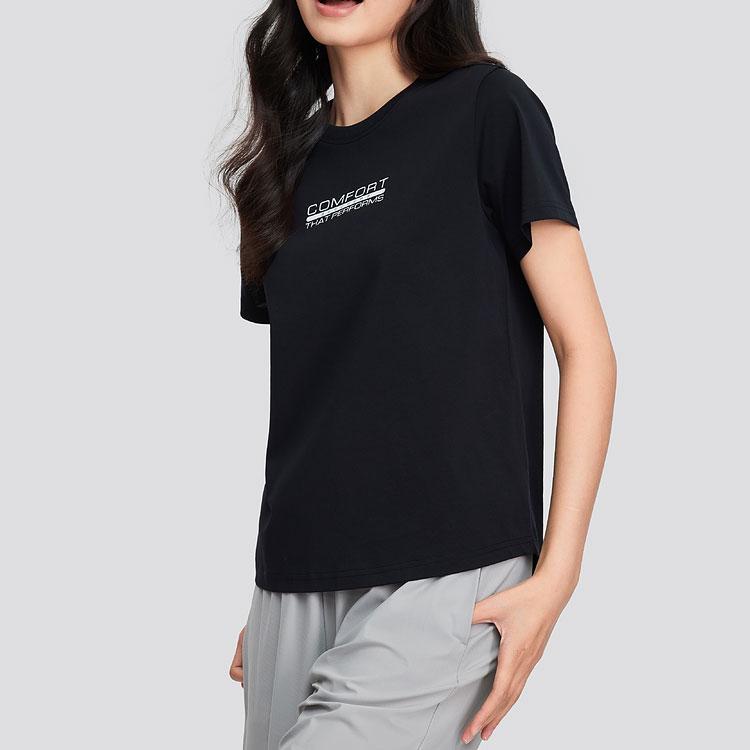 Skechers Letter Print Quick-Dry Breathable Comfortable Round Neck Short Sleeve T-Shirt Women Tops Carbon-Black P224W082-0018