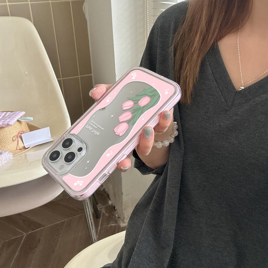 Korean pink mirror tulip for Apple 16promax mobile phone case iPhone14/15pro gentle wind