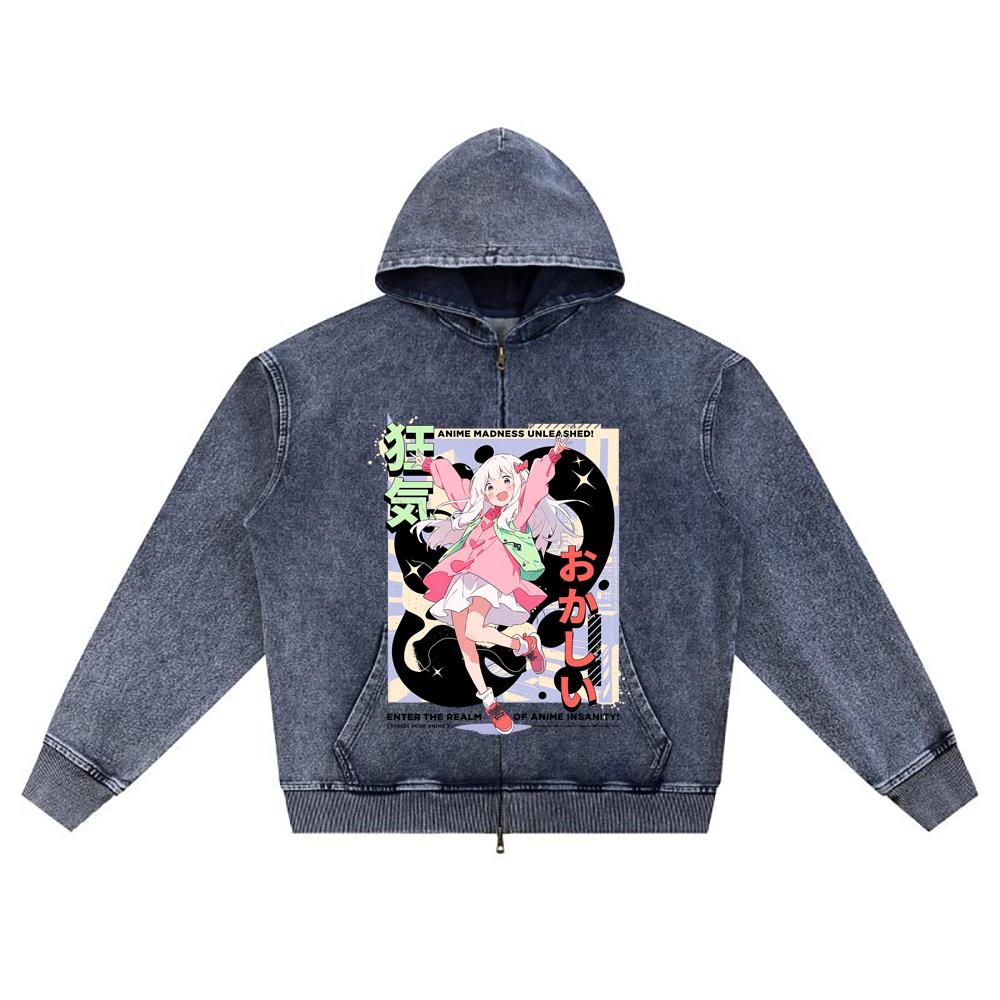 

DTG print Knitted Denim Zip-Up Hoodie ANIME MADNESS Brother Print Zipper Hoodies XL темно-синий