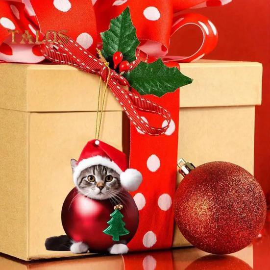 Swinging Cat Car Mirror Hanging Ornament Wearing Christmas Hat Car Pendant Decoration Acrylic Versatile Car Interior Accessories