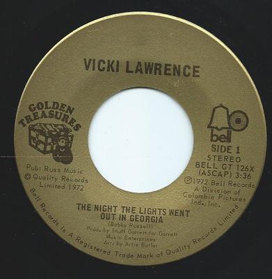 7inch Record VICKI LAWRENCE - The Night The Lights Went Out In Ge BELLGT126X Bell Records 1972 Canada Soul/Funk Used