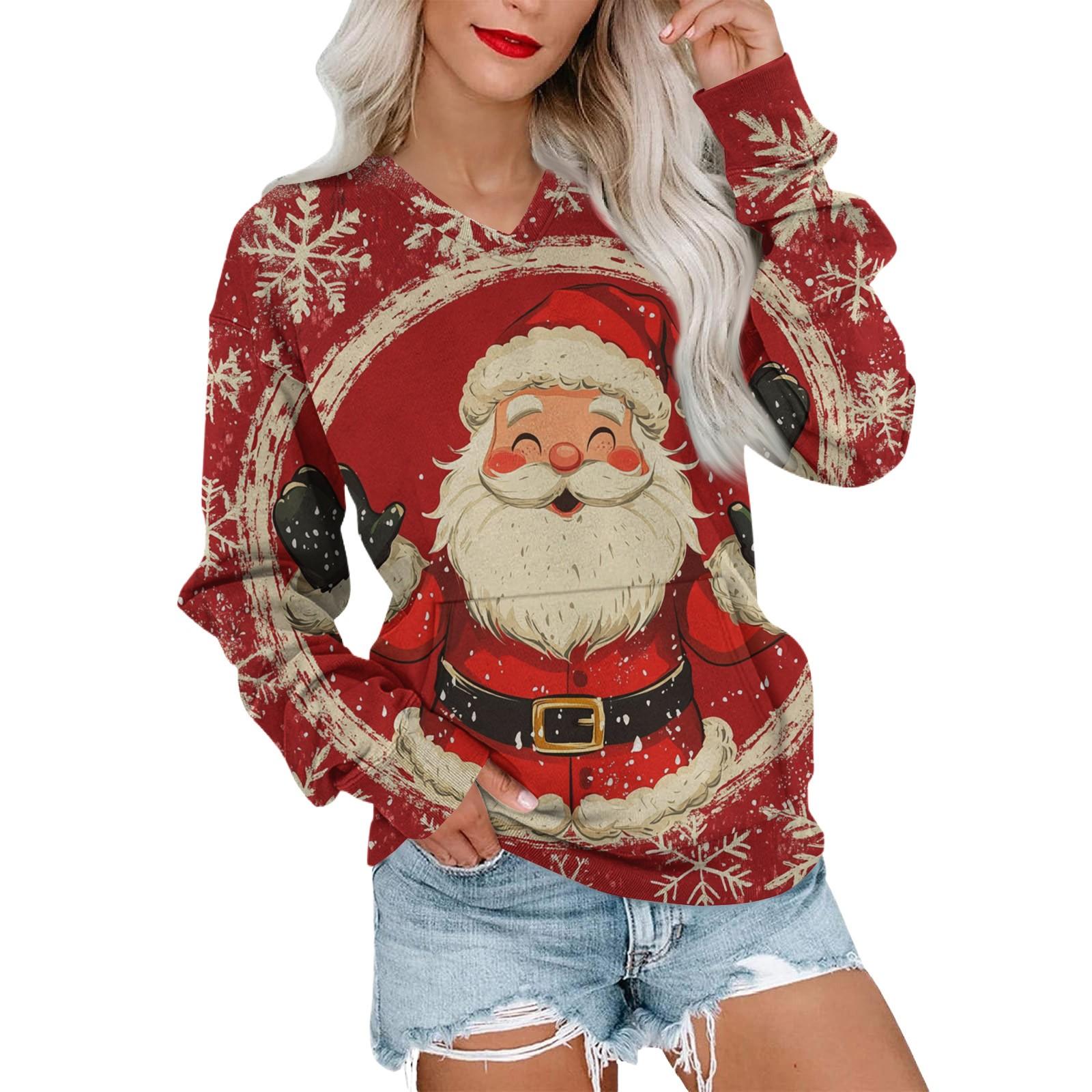 

Женская рождественская толстовка с V-образным вырезом, длинный рукав, повседневный легкий пуловер L синий