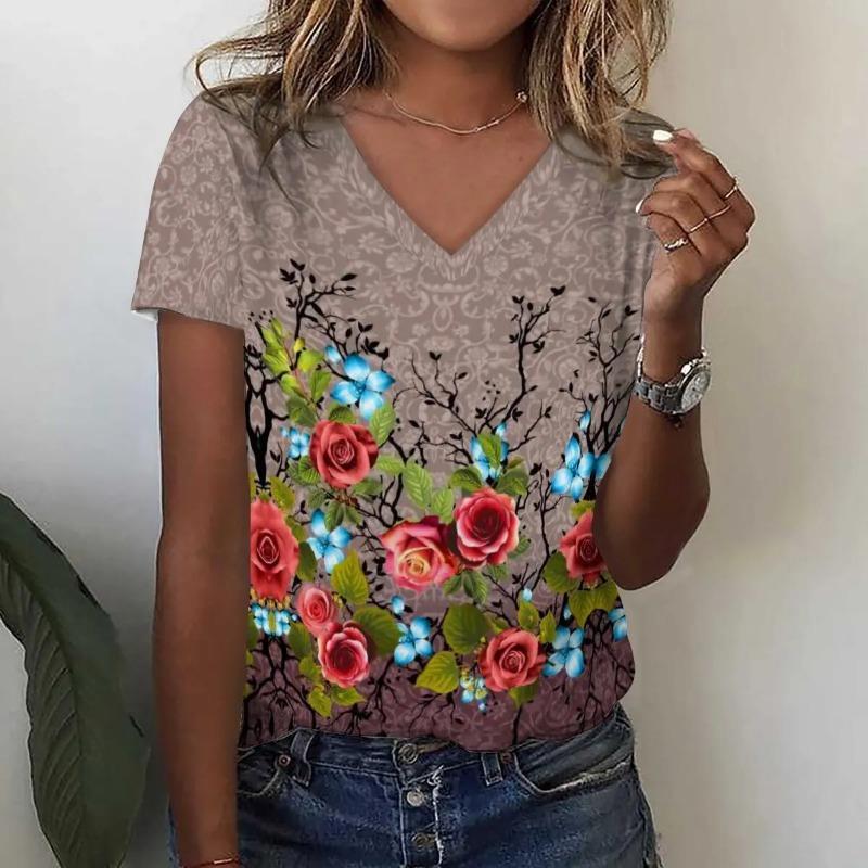 Fashion Sunflower Floral 3D Print T Shirt Summer Women V-Neck T-shirts Harajuku Streetwear Y2k Tees Top Woman Clothing Shirt