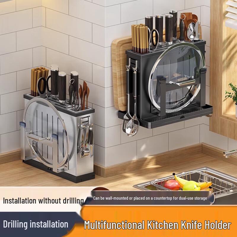 Multifunkční kuchyňský organizér z nerezové oceli s držákem na nože, prkénko a pokličky