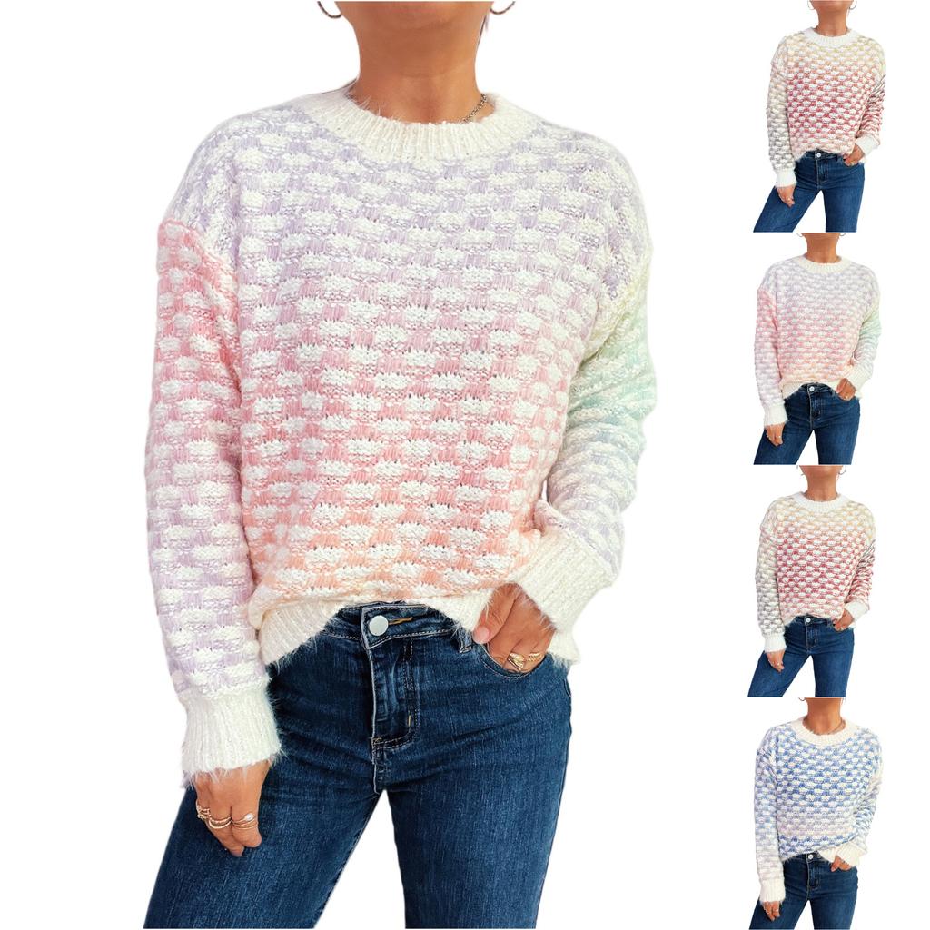 Women's Fashion Casual Loose Pattern Gradient Color Long Sleeve Round Neck Pullover Knit Sweater