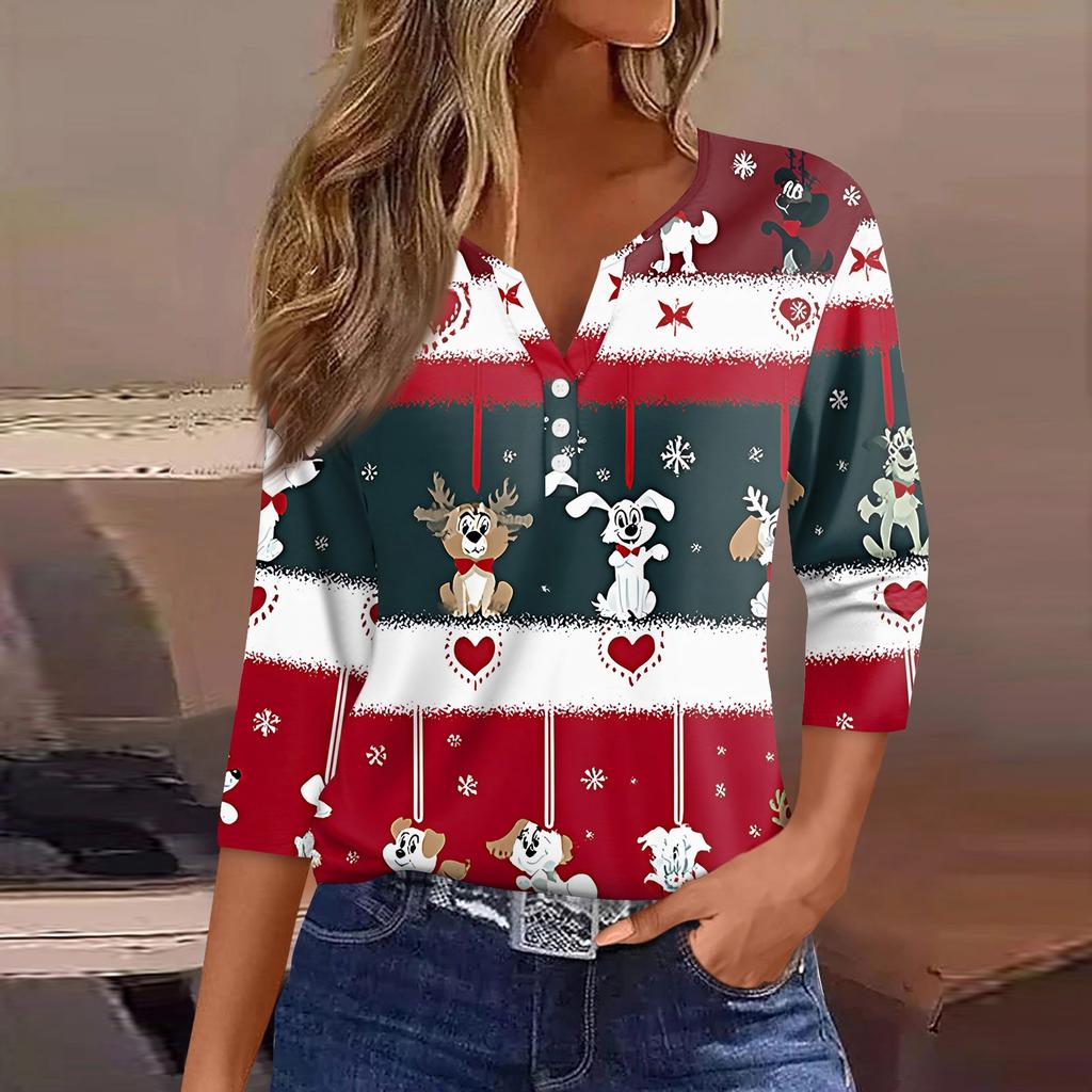Women's T Shirt Tee Christmas Printed Button 3/4 Sleeve Tunic Daily Weekend Fashion Basic V- Neck Regular Top