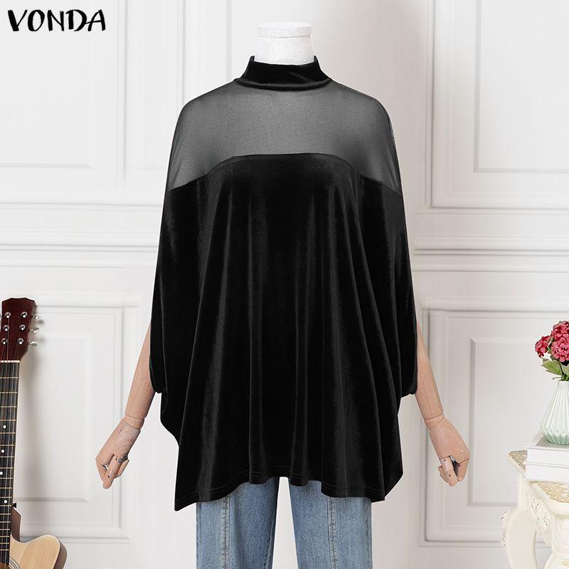 VONDA Women Stand Neck 3/4 Batwing Sleeve Mesh Patchwork Velvet Loose Long Tunic Blouse