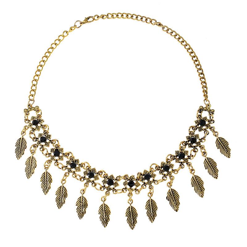 

Vintage Alloy Leaf Pendant Necklace With Crystals For Artful Women Gold Black