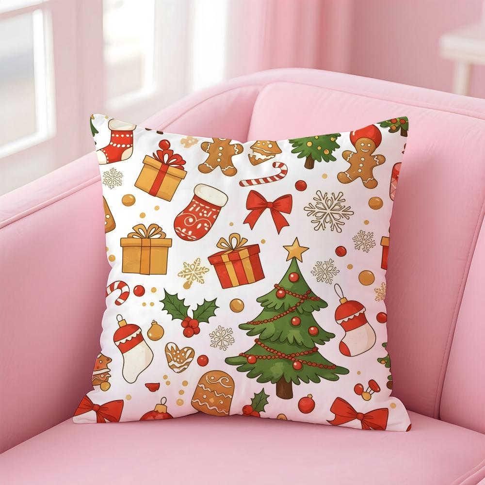 Cchristmas Illustration Cushion Cover Pillowcase Short Plush Invisible Zipper Room Sofa Cushion Cover