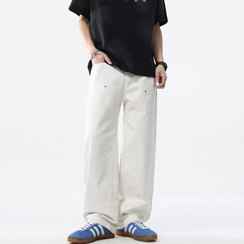 Spring and Autumn American High Street Ripped Jeans Men's Loose Straight Wide Legs Pants