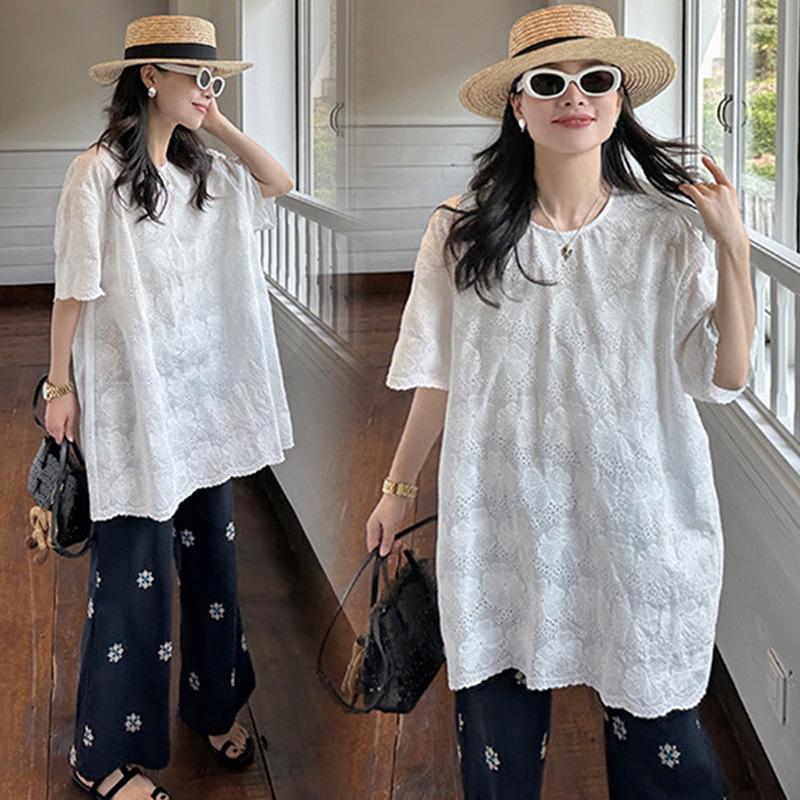 2026 Maternity Set: Hollow Jacquard Embroidered Cotton Linen T-shirt & Embroidered Cotton Cropped Pants M
