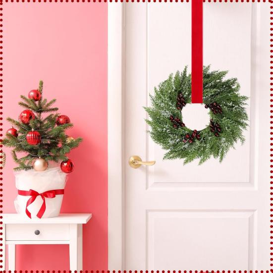 Christmas Wreath for Windows 10 Inch Small Artificial Greenery Wreath with Berries And Red Bow for Winter Fireplace Home Decor