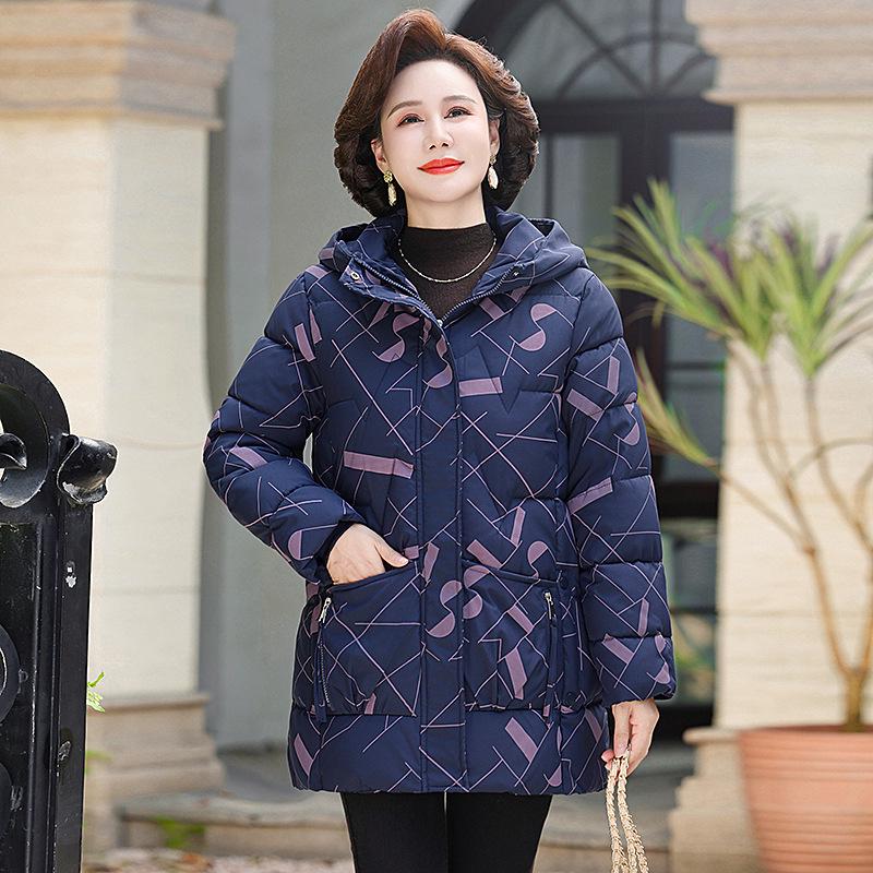 Hooded Floral Cotton Jacket for Middle-Aged Women - Plus Size Winter Fashion